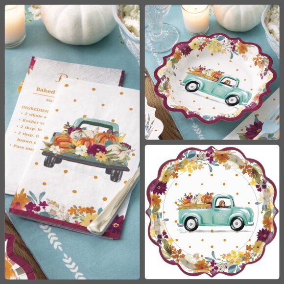 Pioneer Woman Vintage Truck Floral Fall Thanksgiving Paper Plate Napkins 16guest - Picture 1 of 8